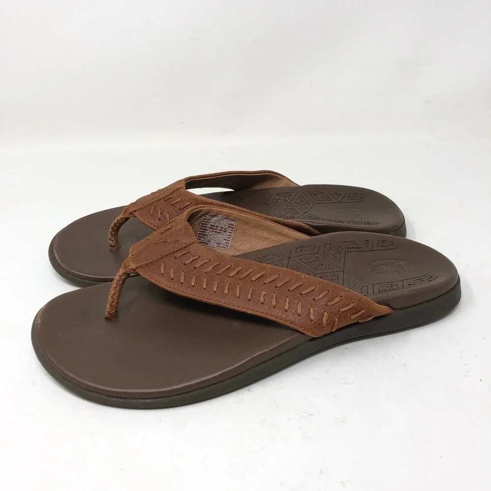 Chaco Mens 9 Sandals Brown Leather Woven Thong Jackson Flip Flops